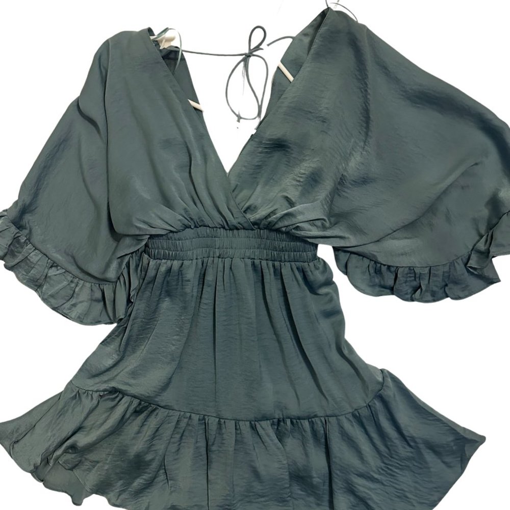 Wrap-Front Flutter Sleeve Dress